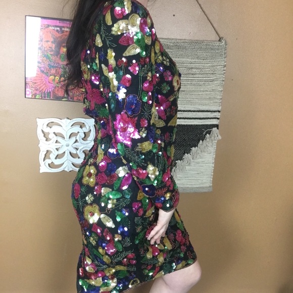 VINTAGE / 100% silk fully beaded cocktail dress - Picture 3 of 8